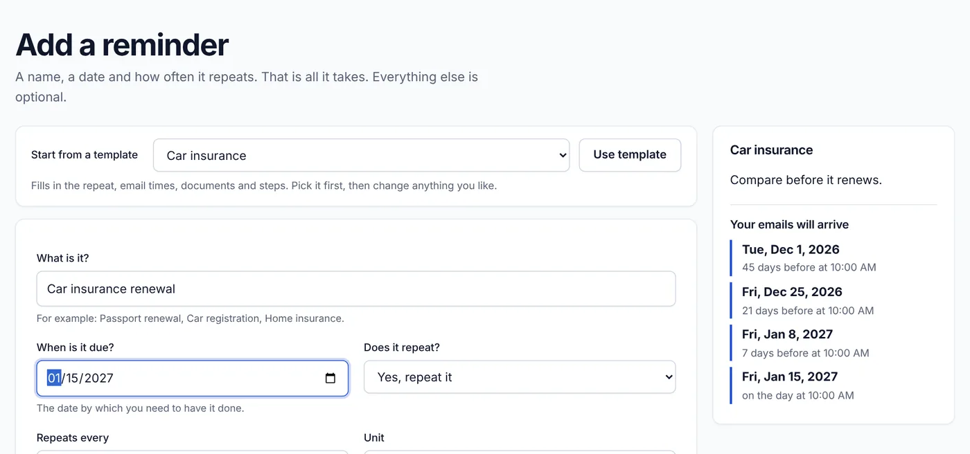 The Add a reminder form, with the reminders it will send listed on the right